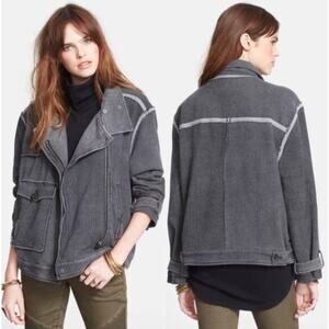 FREE PEOPLE Women's S Railroad Pinstripe Moto Jacket Gray Oversized Knit Bomber
